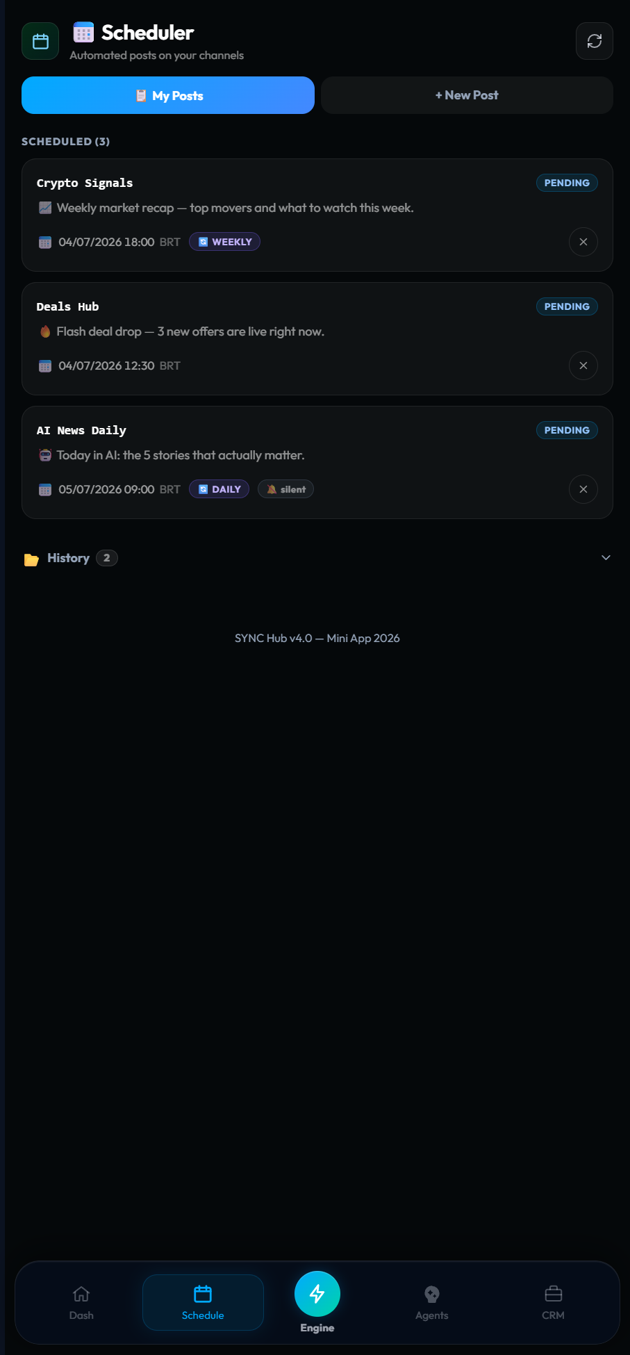 Telegram channel scheduler in SYNC Hub — scheduled posts per channel with times, recurrence and silent options