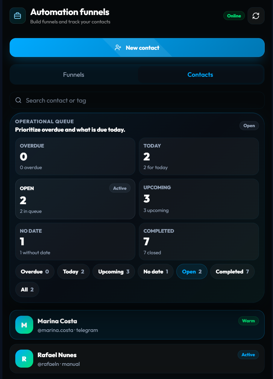 Telegram-native CRM in SYNC Hub — contacts and a follow-up queue inside Telegram, a Kommo alternative