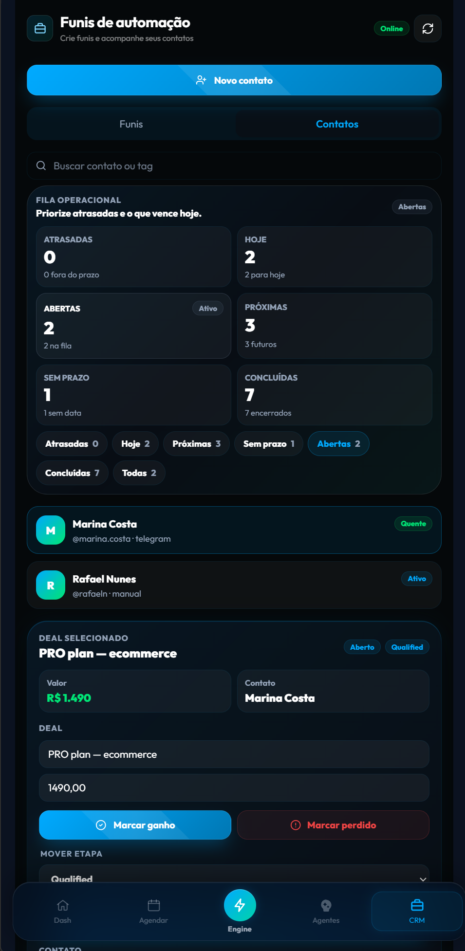 Telegram CRM contacts and deal view in SYNC Hub — task queue, captured contacts by status, and a deal panel with value, stage and win or lose actions