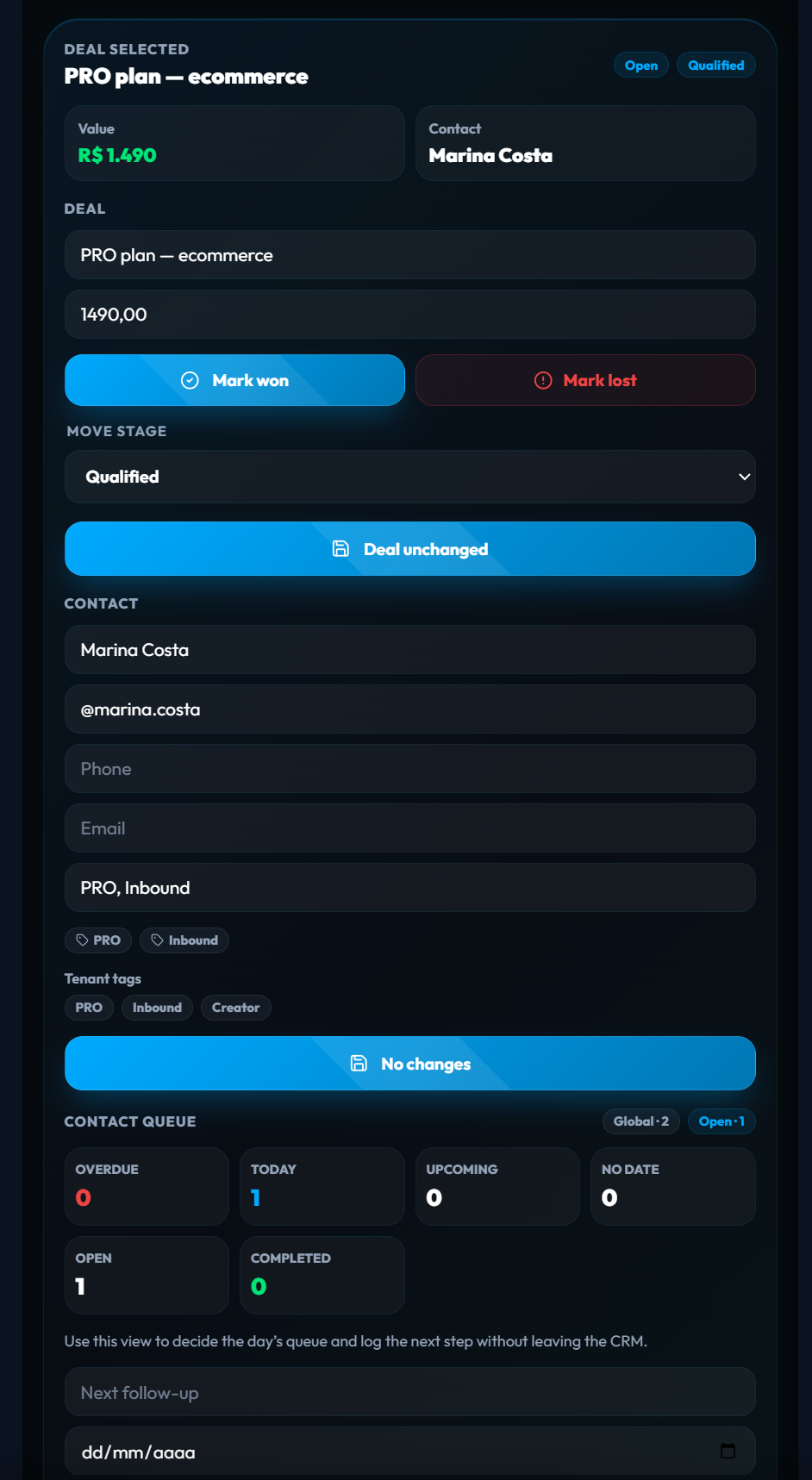 Managing a sales deal in the Telegram CRM — value, stage, mark won or lost, and next follow-up