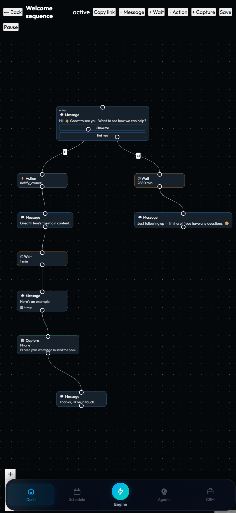A Telegram sales funnel in SYNC Hub — presenting an offer, branching on interest, and capturing buyers, no code