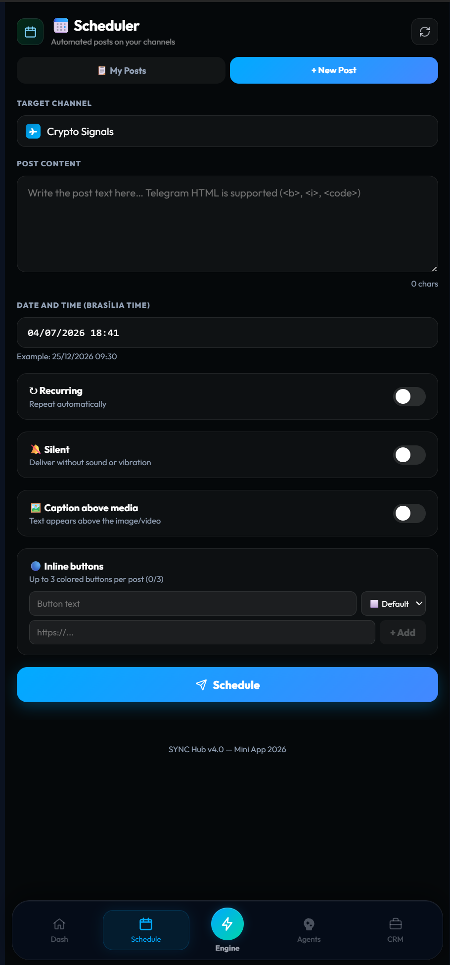 Scheduling a new Telegram channel post in SYNC Hub — target channel, content, date and time, recurring, silent and inline button options
